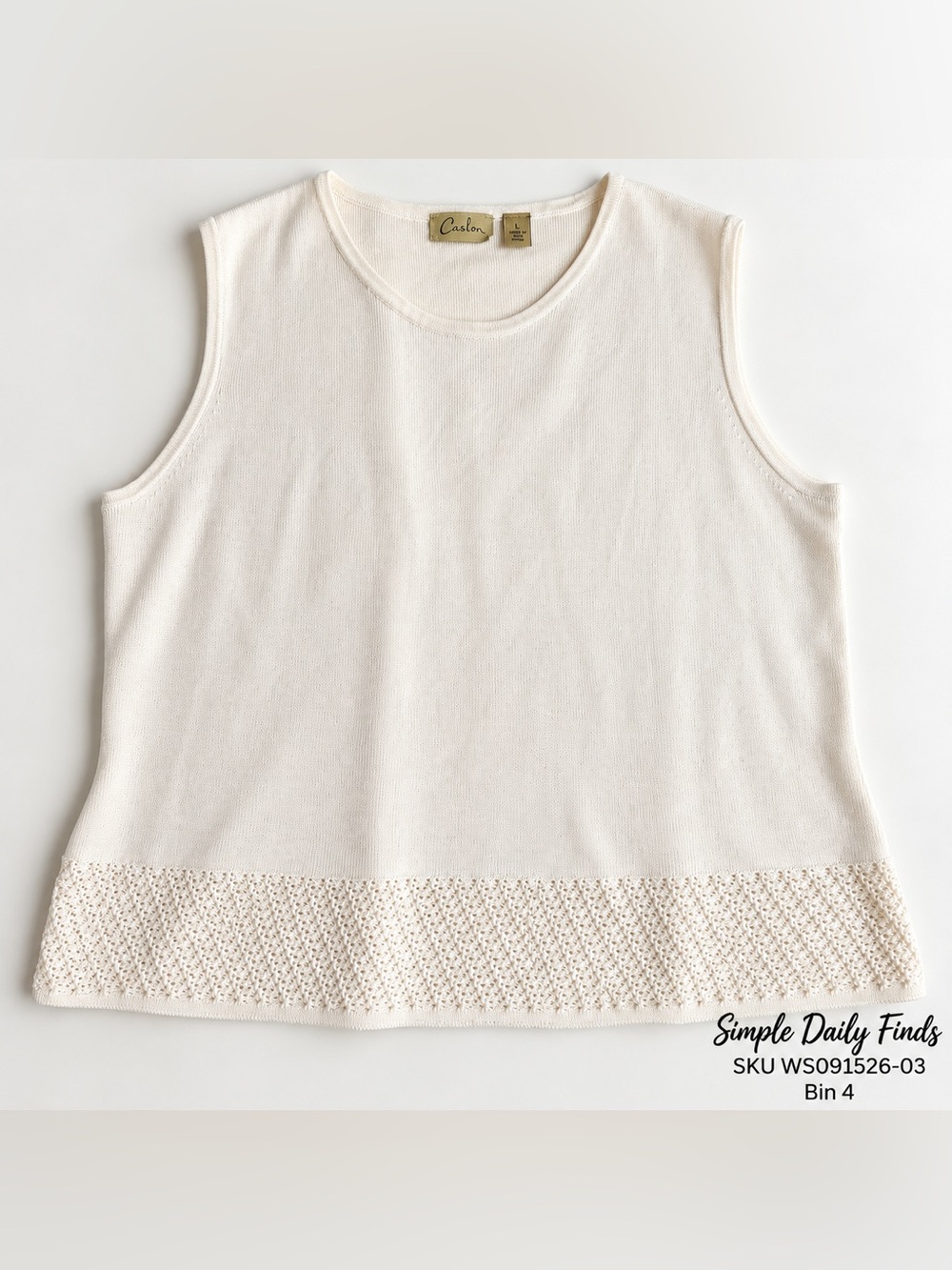 Caslon L Cream 100% Cotton Knit Tank Crochet Hem Sleeveless Top